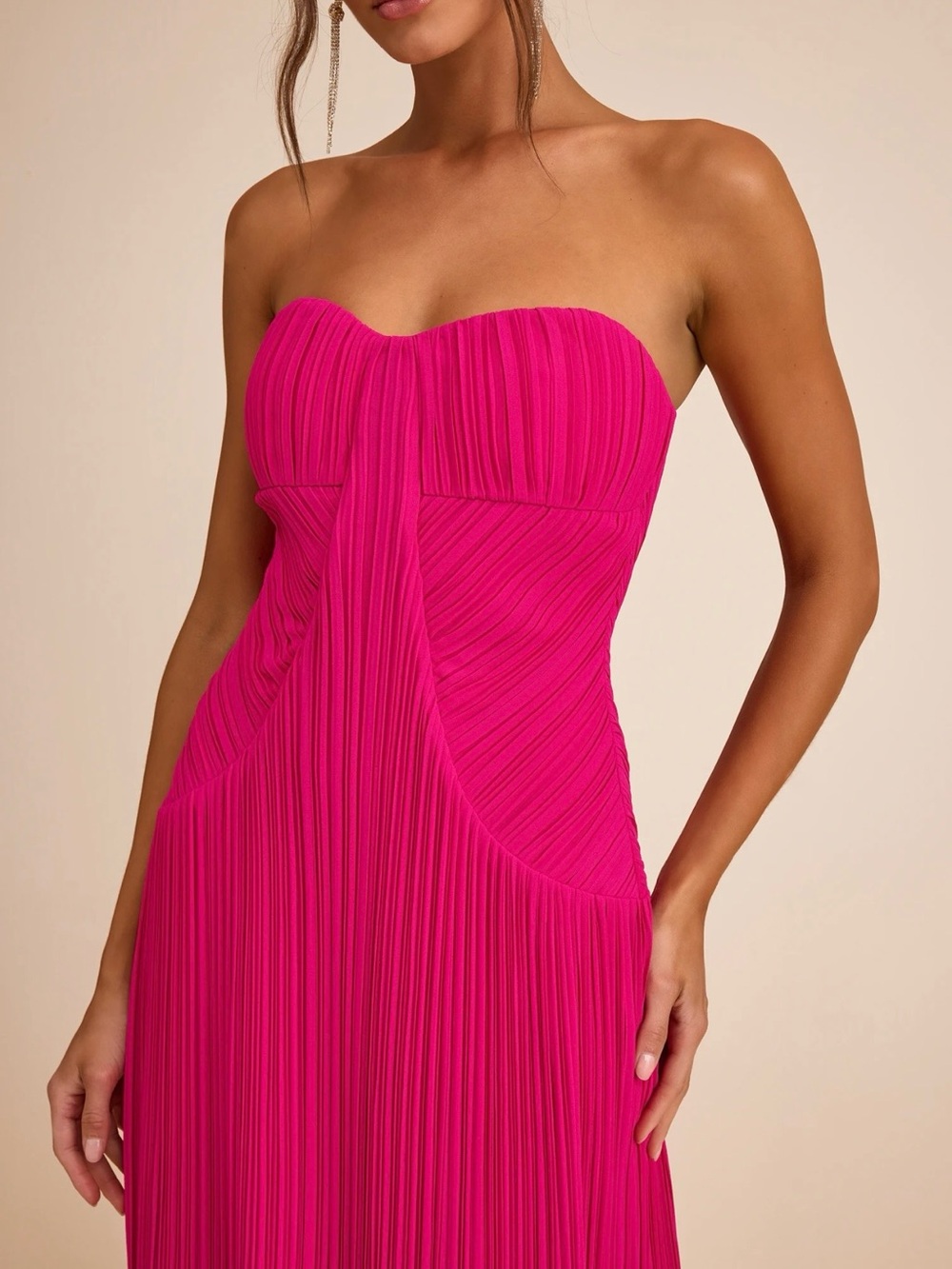 Lulu's Strapless Pleated Maxi Dress - Fuchsia
